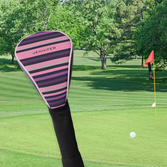 Couvre-club De Golf Style moderne rose et violet bande (An elegant golf head cover with pink and purple stripes and custom name in capital letters)