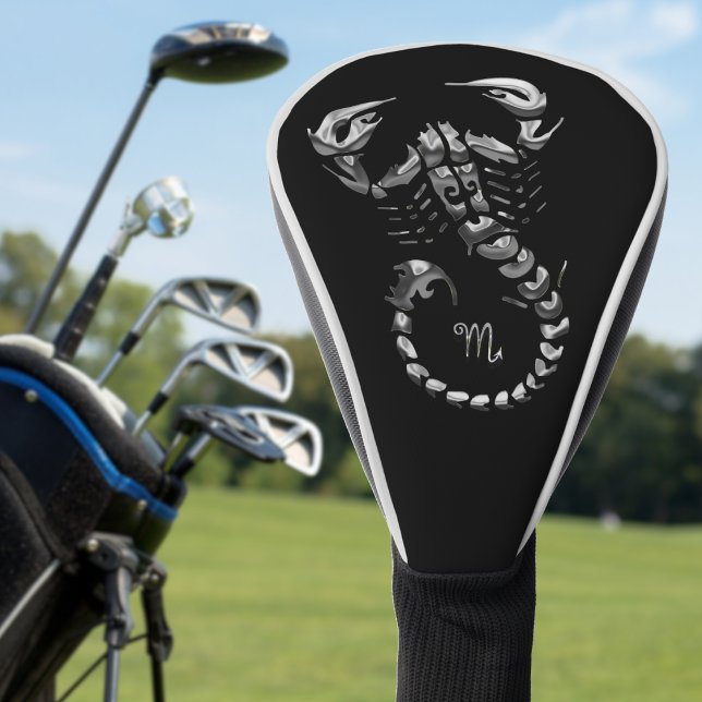 Couvre-club De Golf SYMBOLE Zodiaque Scorpio Argent Scorpion Astrologi (silver metallic Scorpio scorpion zodiac sign astrology golf head cover with black background)