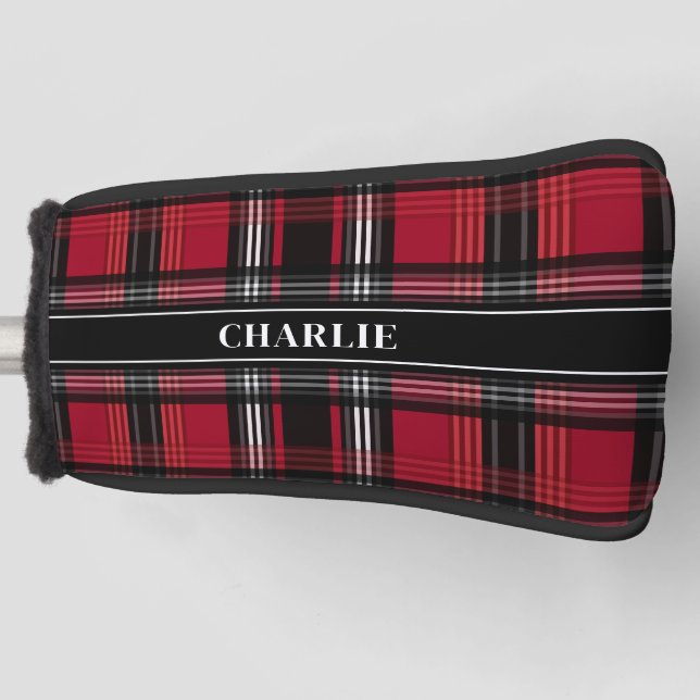 Couvre-club De Golf Tartan Rouge Et Noir Plaid Motif Et Nom Personnali (Devant)