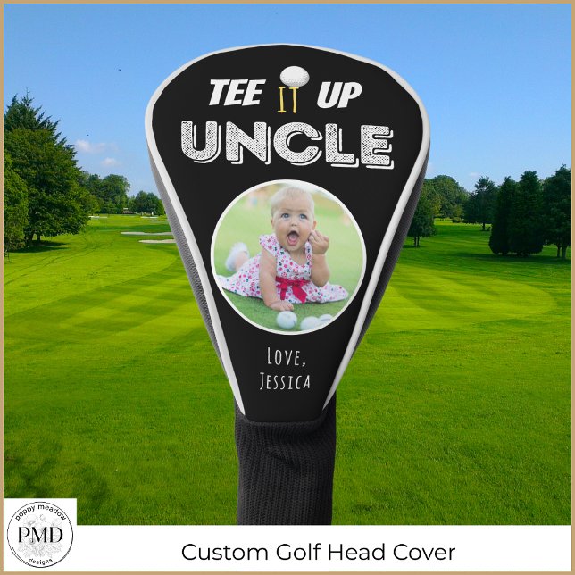Couvre-club De Golf Tee It Up Oncle Fête des pères photo personnalisée (Tee It Up Uncle Custom Photo Father's Day Black Golf Head Cover with Child or Pet Photo, Names)