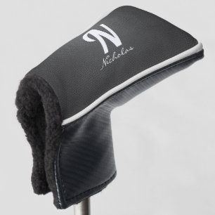 Couvre-club De Golf Texture en cuir noir moderne Nom du monogramme bla