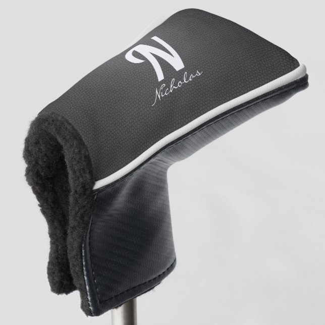 Couvre-club De Golf Texture en cuir noir moderne Nom du monogramme bla (Devant 3/4)