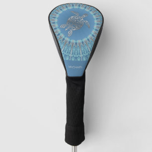 Couvre-club De Golf Tortue de mer bleu argenté et monogramme mandala