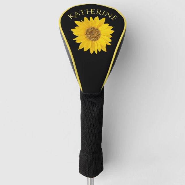 Couvre-club De Golf Tournesol jaune Nom personnalisé Noir (Devant)