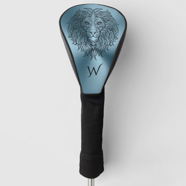 Couvre-club De Golf Turquoise bleu Mandala Lion Head Monogramme initia (Devant)