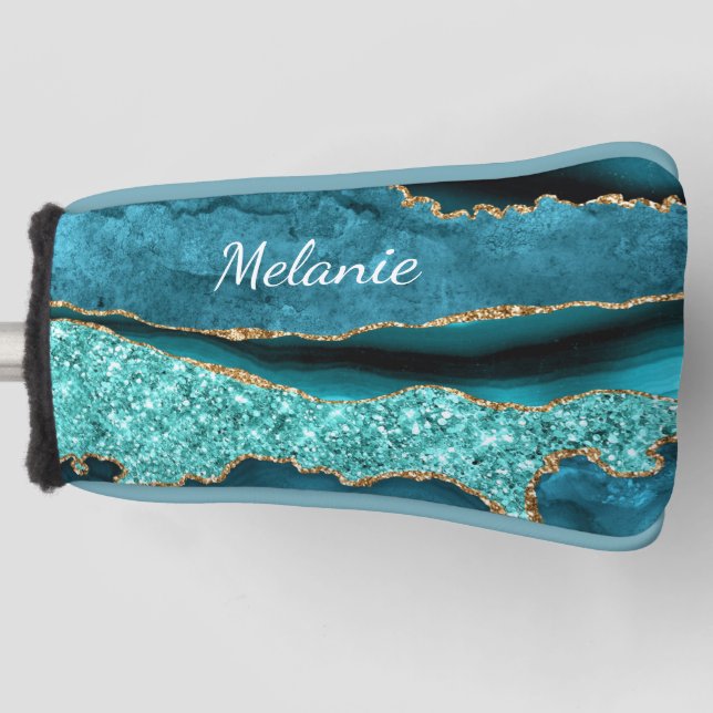 Couvre-club De Golf Turquoise Blue Gold Golf Head Coque avec nom perso (Devant)