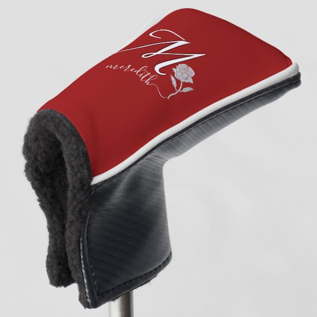 Couvre-club De Golf Unique Red Custom Monogram Nom Rose Putter (Devant 3/4)