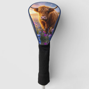 Couvre-club De Golf Vache Highland dans un champ de fleurs colorées