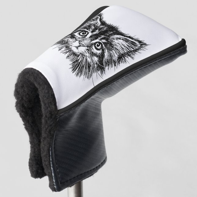 Couvre-club De Golf Visage de chaton noir et blanc (Devant 3/4)