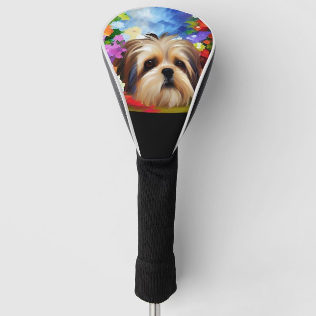 Couvre-club De Golf Visage Shih Tzu entouré de fleurs (Devant)
