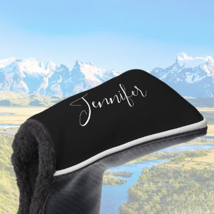 Couvre-club De Golf Votre nom Élégant script blanc sur noir
