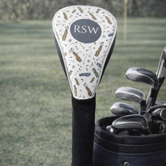 Couvre-club De Golf Watercolor Golf Pattern Monogram  (Créateur téléchargé)