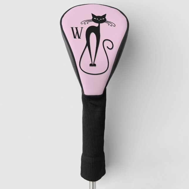 Couvre-club De Golf Whimsical Skinny Chat noir rose initial (Devant)