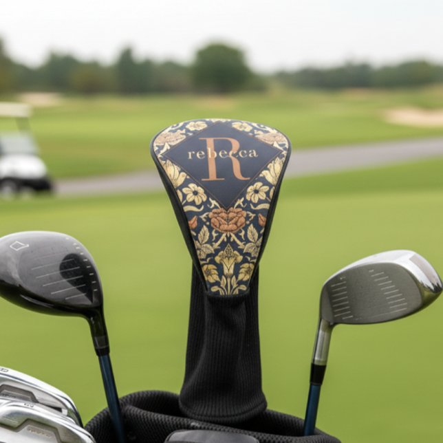 Couvre-club De Golf William Morris Elegant Gold Black Floral Monogram (Créateur téléchargé)