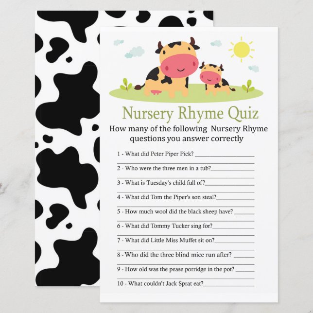 Cow Nursery Rhyme Quiz jeu de baby shower (Devant / Derrière)