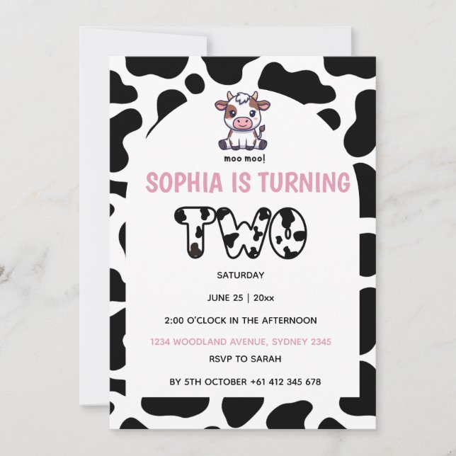 Cow Theme Second Birthday Invitation –Turning TOW  (Devant)