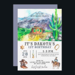 Cowboy 1er Anniversaire Invitation<br><div class="desc">Invitation fantaisiste de cowboy sauvage de l'ouest à l'anniversaire en terre cuite brun et blues pour un garçon, avec la ville occidentale, cowboy engrenage stagecoach, lasso, et cowboy à cheval. Tout ce dont un cowboy a besoin. C'est son premier rodéo ! Vous pouvez le customiser pour n'importe quel âge !...</div>