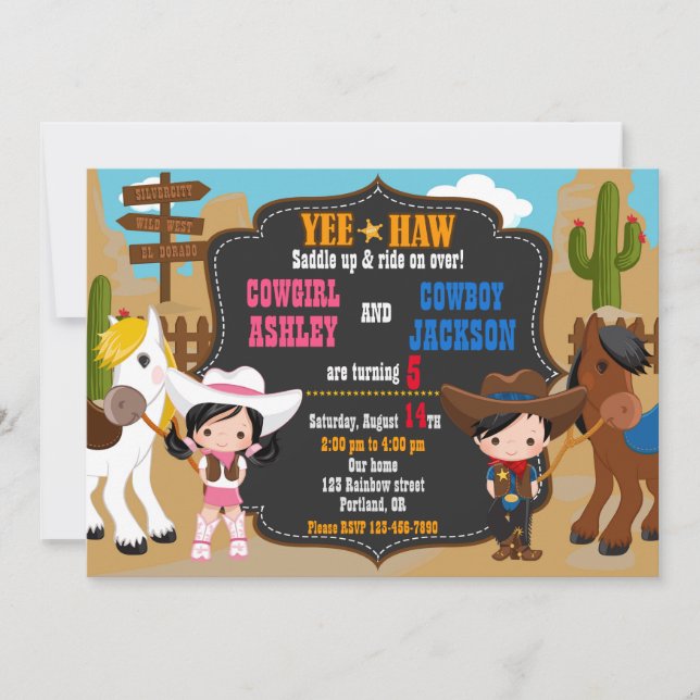 Cowboy and Cowgirl birthday invitation Wild west (Devant)