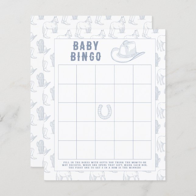 Cowboy Baby shower Bingo jeu (Devant / Derrière)
