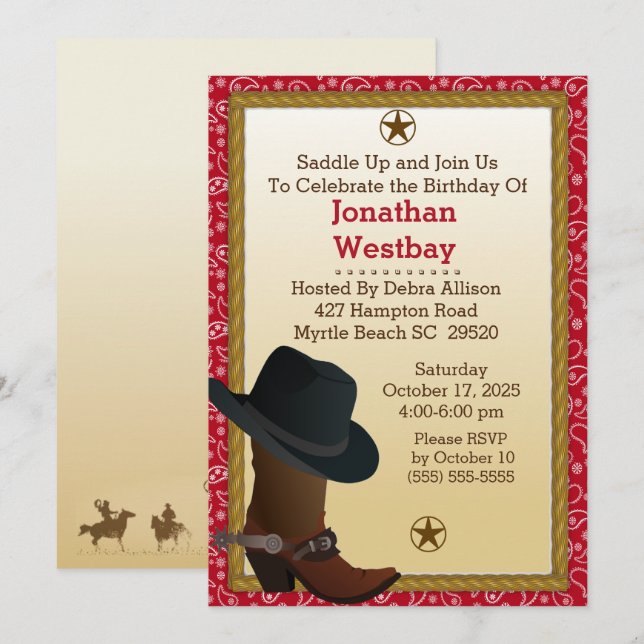 Cowboy Boot and Casquette Birthday Invitation (Devant / Derrière)