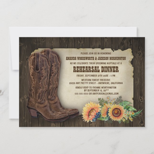 Cowboy Boot Tournesol Répétition Dîner Invitations (Devant)