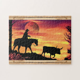 Cowboy Et Longhorn Steer Jigsaw Puzzle