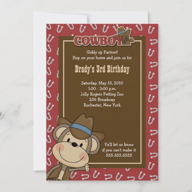 Cowboy singe occidental 5x7 Invitation d'anniversa (Devant)
