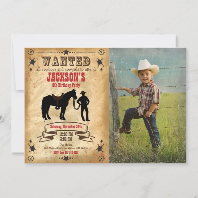 Cowboy Western Birthday Invitation / Wanted Poster (Devant)