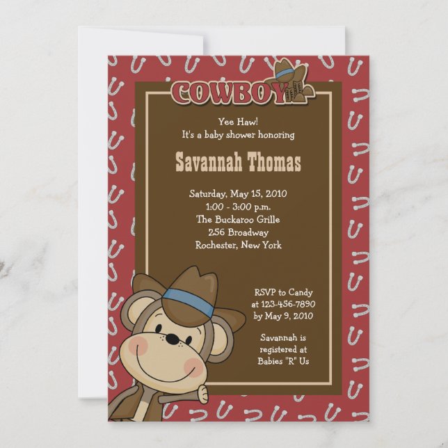 Cowboy Western Monkey 5x7 Baby shower Invitation (Devant)