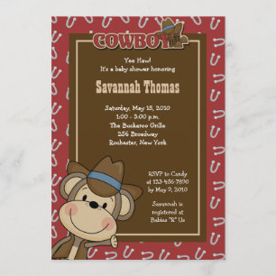 Cowboy Western Monkey 5x7 Baby shower Invitation