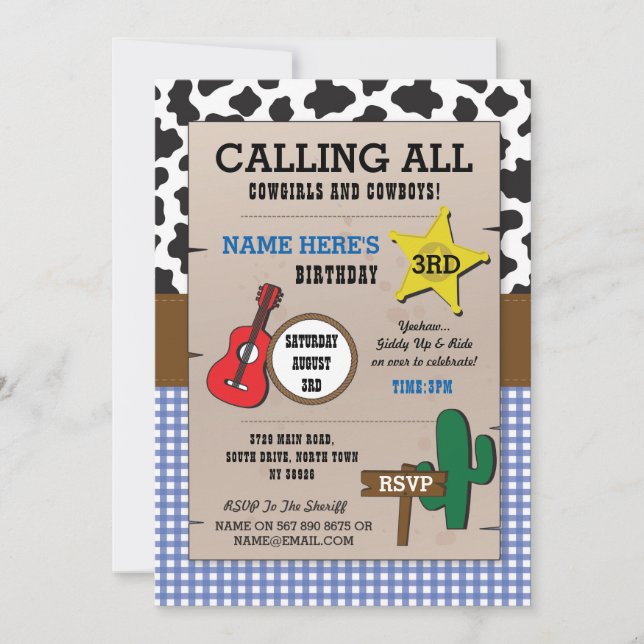 Cowboys Blue Check Anniversaire Sheriff Invitation (Devant)