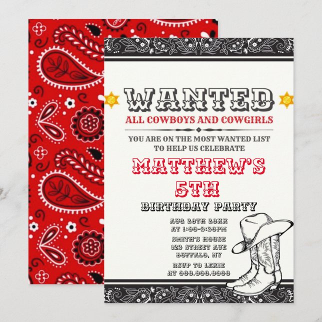 Cowboys & Cowgirls Bandana Invitations de fête d'a (Devant / Derrière)