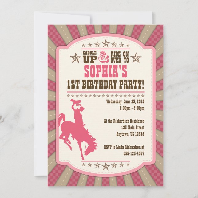 Cowgirl 1st Birthday Party Girl Invitation (Devant)