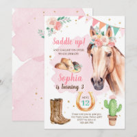 Cowgirl Birthday Invitation Girl Horse Pink Aquare