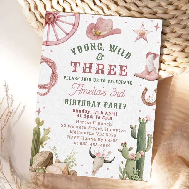 Cowgirl Young Wild & Three Birthday Invitation  (Créateur téléchargé)