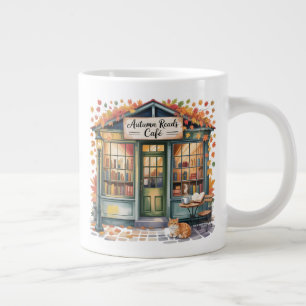 Cozy Autumn Book Café Mug — Open Book & Lantern 