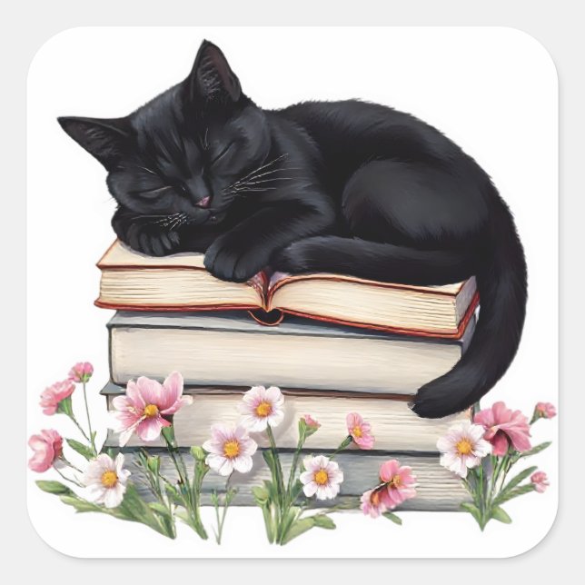 Cozy Black Cat Sleeping on Books Sticker  (Devant)