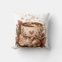 Cozy Coffee Cat Coussin de jeté automnal