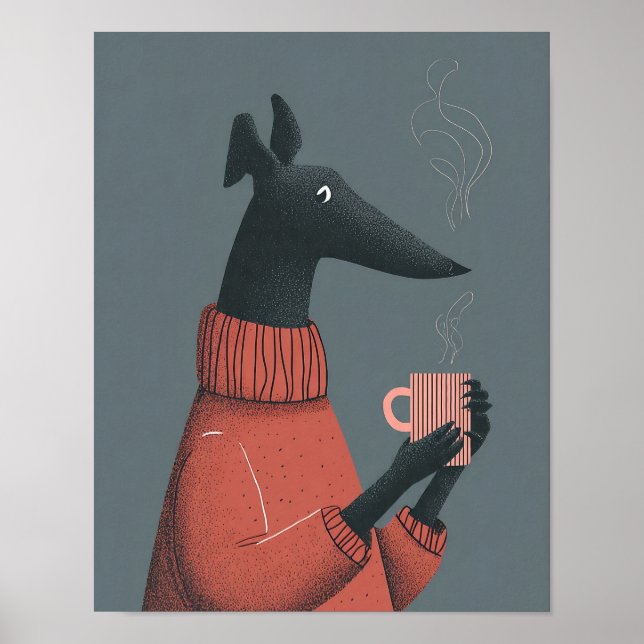 Cozy Dog Poster – Stylized Greyhound with Mug (Devant)