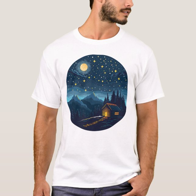 Cozy Night Cabin Under Starry Sky T-Shirt (Devant)