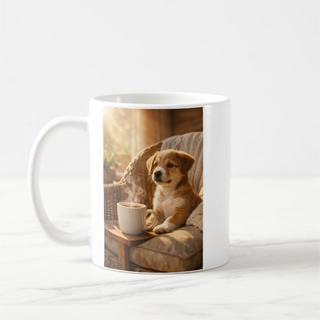 Cozy Puppy with Coffee Mug – Sunny Morning Design (Gauche)