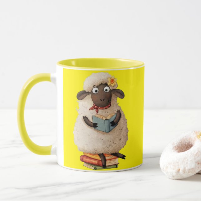 Cozy Reading Sheep – Cute Animal Coffee Mug (Avec donut)
