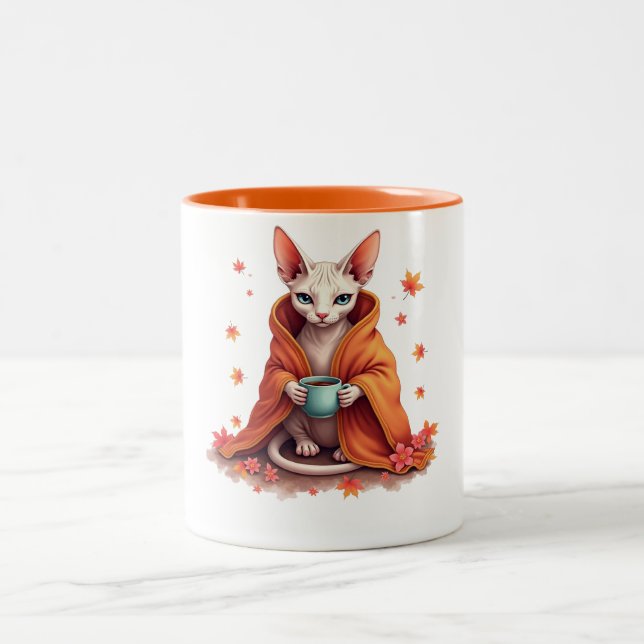Cozy Sphynx Cat Mug - Autumn Fall Blanket & Coffee (Centre)