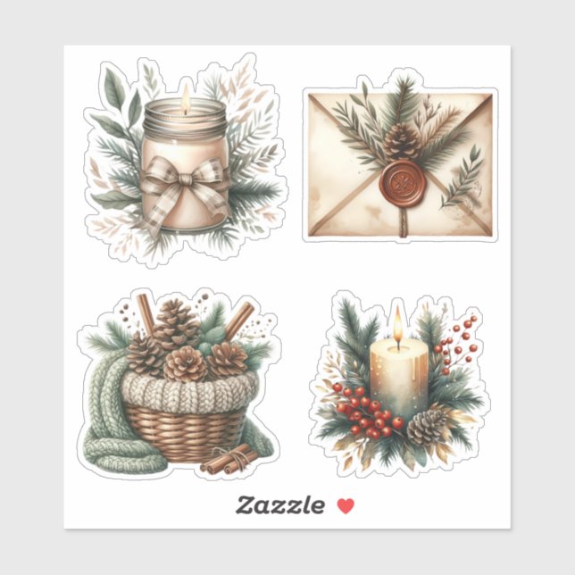 Cozy Winter Candle & Pinecone Aesthetic Stickers (Feuille)