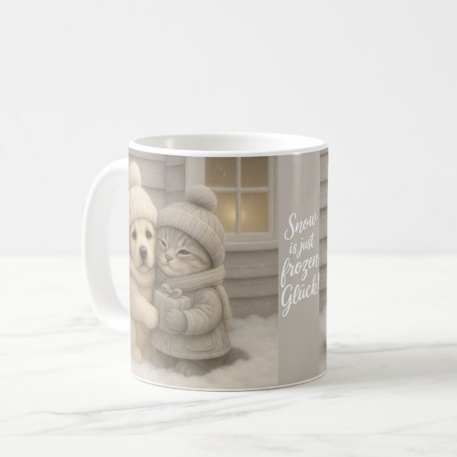 Cozy Winter Mug with Puppy and Kitten Illustration (Devant gauche)