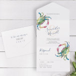 Crab Beach Wedding All In One Invitation Modèle<br><div class="desc">Planifiez votre mariage parfait à la plage avec ce faire-part de mariage triplé tout-en-un et la carte RSVP, inspirés par les thèmes de mariage sur la plage et conçus pour les célébrations de destination comme un mariage sur la plage de Myrtle Beach. Doté de mon crabe d'aquarelle d'origine dans des...</div>