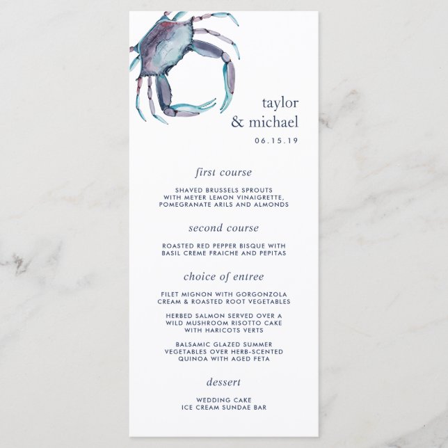 Crabe bleu | Carte de menu Mariage nautique (Devant)