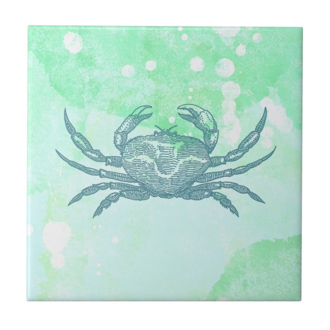 Crabe bleu sur carreau de céramique vert aquarelle (Devant)