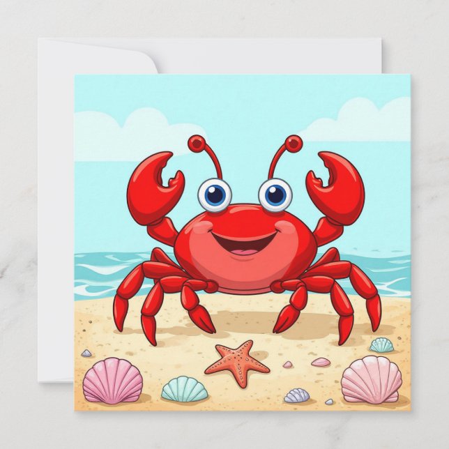 Crabe de dessin animé rouge joyeux sur une plage a (Devant)