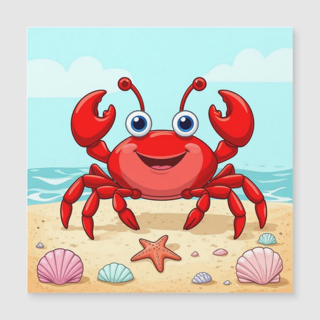 Crabe de dessin animé rouge joyeux sur une plage a (Devant)